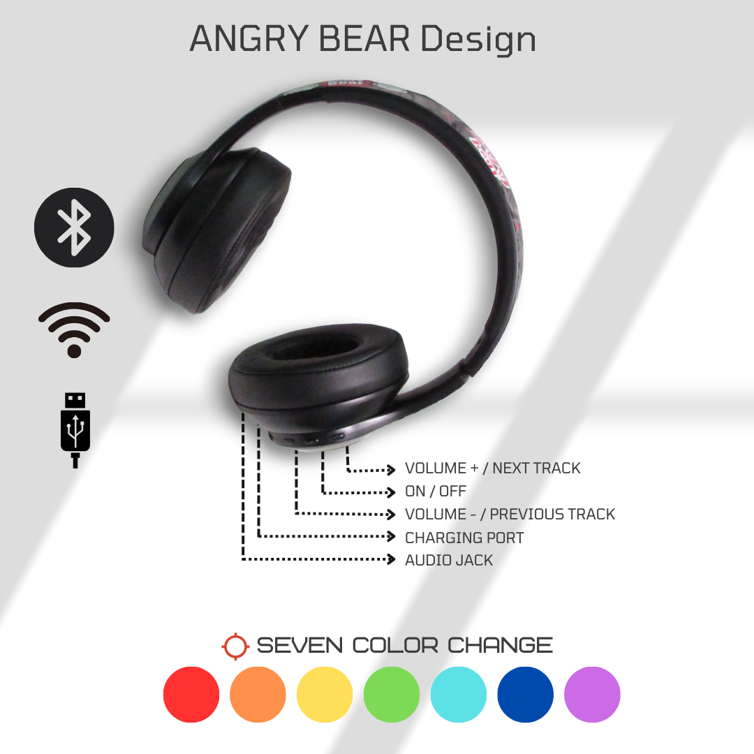 Macury Bluetooth Headphone, Over Ear, Foldable, Adjustable, 7 Colors Glowing Led Light, Noise Cancelling, HiFi Sound Quality, HD Microphone, Long Battery Life (Angry Bear Black)