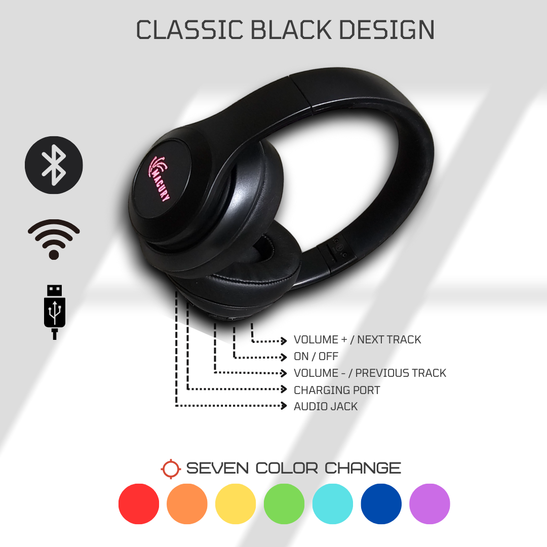 Macury Bluetooth Headphone | Over Ear | Foldable | Adjustable | 7 Colors Glowing Led Light | Noise Cancelling | HiFi Sound Quality | HD Microphone | Long Battery Life (Black)