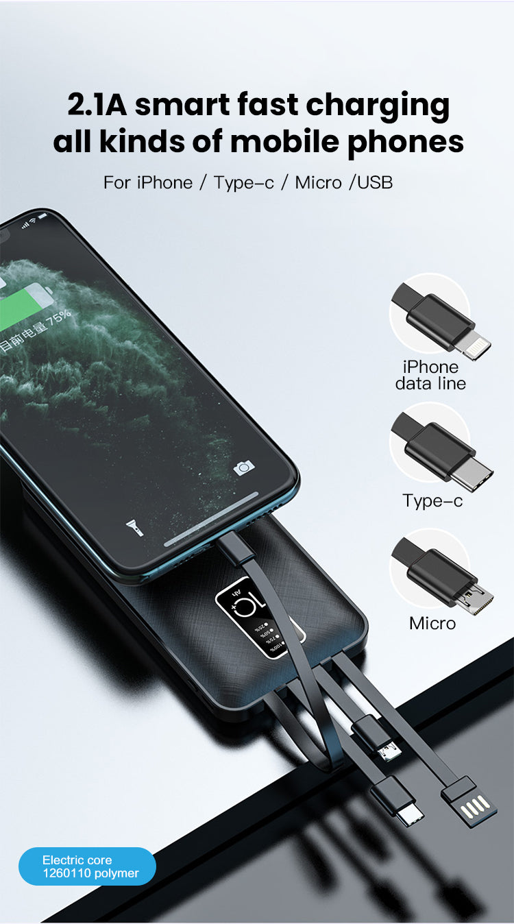Macury 10000 mAh | Fast Charging | Portable Charger | 4 in1 Built in Cables Power Bank (Black)